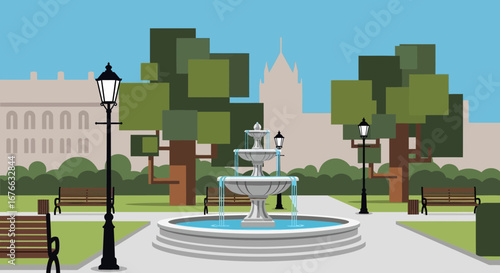 Serene park scene with a tiered fountain, benches, and vintage lampposts