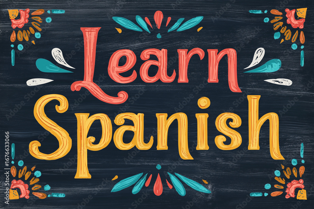 Fototapeta premium Bright educational poster promoting language learning by encouraging learners to engage with the Spanish language through fun and colorful design