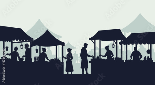 Silhouette Market Scene Depicting Vendors and Customers Under Tents