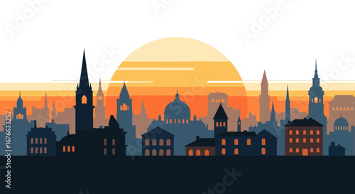 Silhouetted Cityscape at Sunset with Varied Architectural Structures