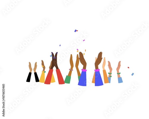 Diverse Hands Clapping with Colorful Confetti on White Background, Celebrating Success and Achievement