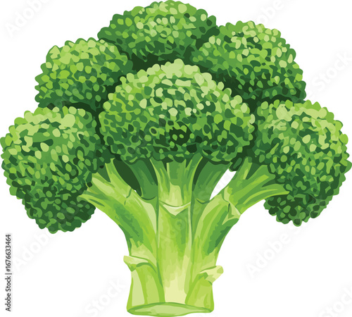 A vibrant green broccoli crown with florets and thick stem isolated on white on transparent background