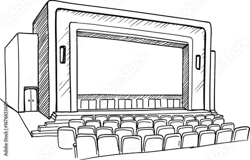 A large screen with seating in front of it on transparent background