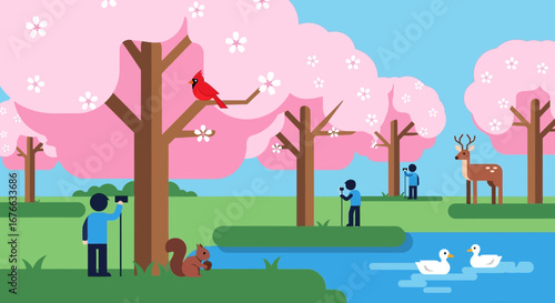 Springtime Park Scene with Cardinal, Deer, Ducks, and Photographers