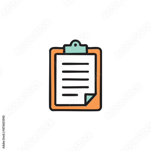 Orange clipboard with mint green clip and white paper with black lines writing document