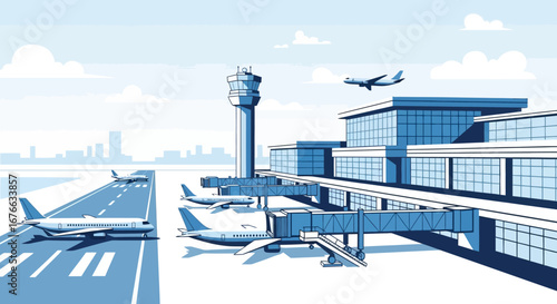 Stylized Airport Scene with Planes, Control Tower, and Terminal Building