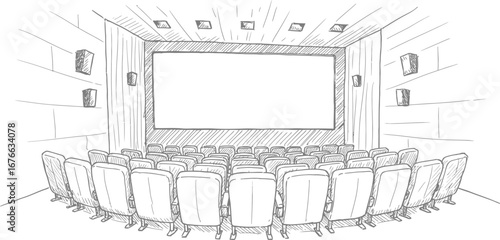 A sketch of a movie theater with rows of chairs and a large screen on transparent background