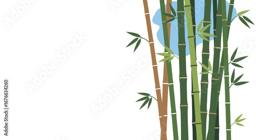 Stylized Bamboo Stalks with Green Leaves and Blue Sky Elements