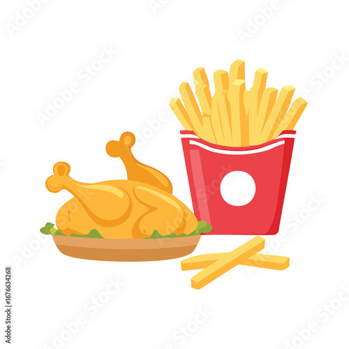 Golden roasted chicken with french fries food meal