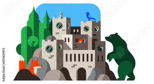 Stylized Castle Scene with Bear, Fox, and Bluebird in Nature