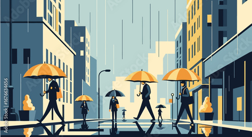 Stylized City Street Scene: Business People with Umbrellas in Rain