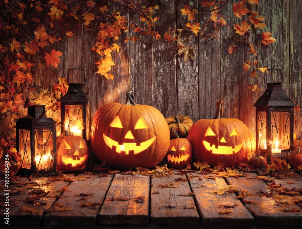 Obraz premium A Festive Halloween Display Featuring Glowing Jack-o'-Lanterns Surrounded by Autumn Leaves and Lanterns Against a Rustic Background