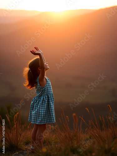 Thankful Girl Praising the Lord at Sunrise in Serene Landscape