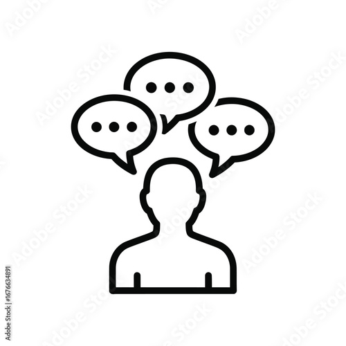 Thought Bubble Silhouette: Conceptual representation of a person deep in thought, with multiple speech bubbles emanating from their head, hinting at a complex internal dialogue or exchange of ideas.