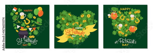 Set of three St. Patrick s Day themed vector illustrations featuring clovers, leprechaun hats, coins, and banners. Each image creatively incorporates traditional Irish elements in a celebratory design
