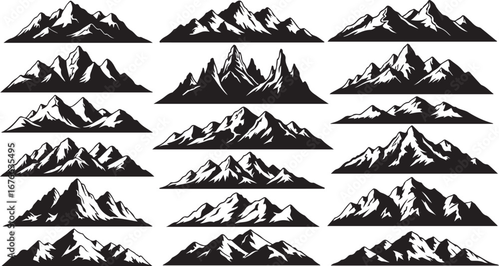 Naklejka premium Collection of stylized mountain peaks in silhouette