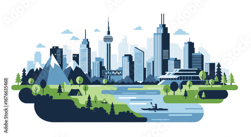 Stylized Cityscape with Mountains, River, Kayaker, and Camping Scene