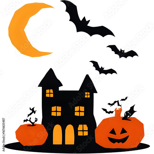 Halloween creepy house with pumpkins and bats