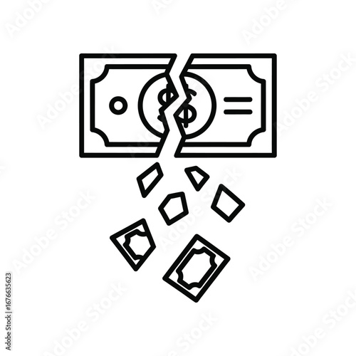 Financial Rupture: An illustration portrays a torn dollar bill, symbolizing financial strain, loss, or economic instability.
