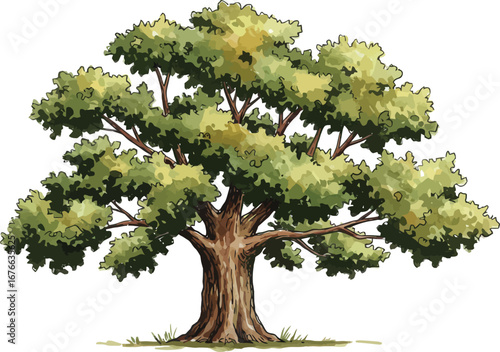 A large tree with green leaves and a thick brown trunk and branches standing alone on transparent background