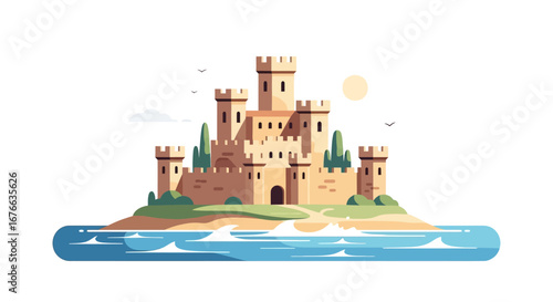 Stylized Coastal Fortress with Towers, Sun, and Birds in Vector Illustration