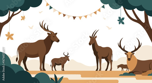 Stylized Deer Family Gathering Under Festive Bunting and Decorative Tree Ornaments