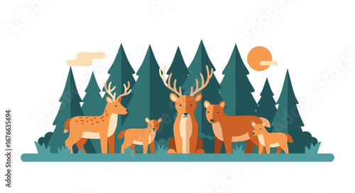 Stylized Deer Family in Evergreen Forest with Sun, Flat Vector Illustration