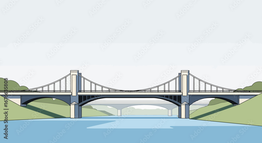 Fototapeta premium Stylized double suspension bridge with arched underpass over calm blue water