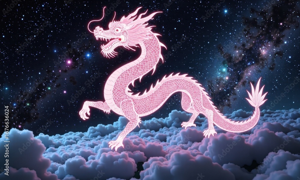 Fototapeta premium Mystical pink dragon glowing brightly amidst ethereal clouds and starry night sky