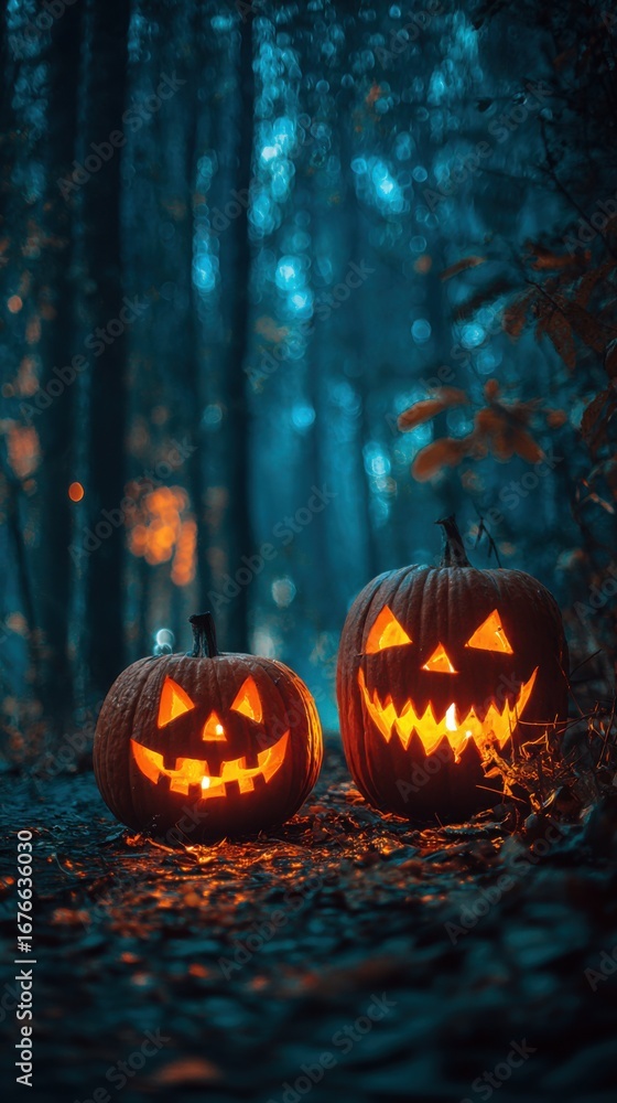 Fototapeta premium Enchanted Forest Scene Featuring Two Spookily Carved Jack-o'-Lanterns Illuminated with Warm Glow in an Atmospheric, Moonlit Setting