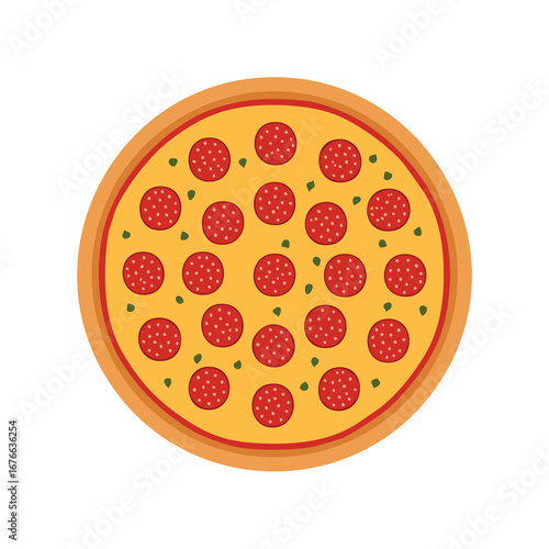 Round pepperoni pizza with green herbs and thick crust food italian