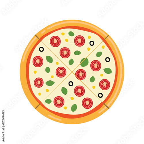 Sliced pizza with tomatoes basil olives and corn food italian food