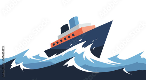 Stylized ocean liner with orange and blue accents sailing through choppy blue waters