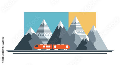 Stylized Orange Train Journeying Through Geometric Mountain Landscape