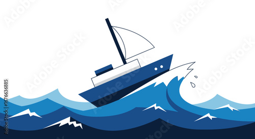 Stylized Sailboat Battling Turbulent Ocean Waves