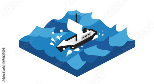 Stylized Ship Navigating Turbulent Ocean Waves