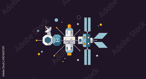 Stylized Satellite with Solar Panels and Antenna Array in Space