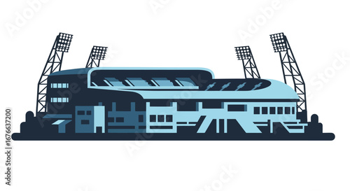 Stylized stadium illustration with floodlights and geometric architectural details