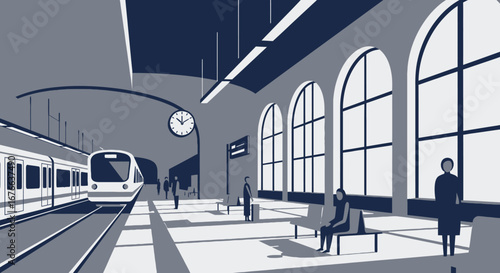Stylized train station scene with arriving train and waiting passengers