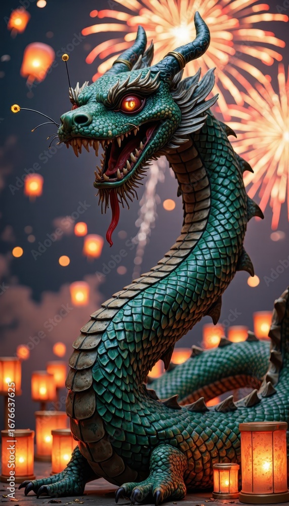 Obraz premium Majestic green dragon sculpture illuminated by festive lanterns and fireworks
