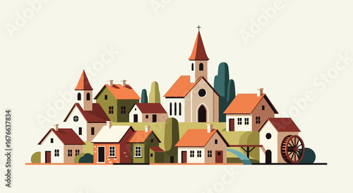 Stylized Village Scene with Church, Watermill, and Colorful Houses