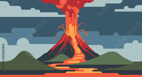 Stylized Volcanic Eruption with Flowing Lava and Dramatic Clouds