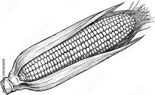 A detailed illustration of an ear of corn with husk and kernels on transparent background