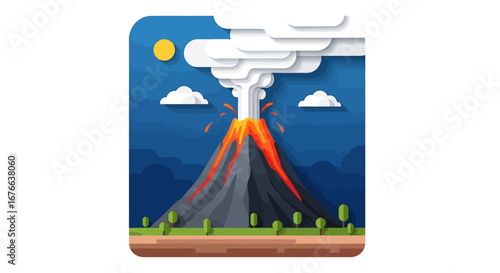 Stylized Volcano Eruption with Lava Flowing Under a Cloudy Sky
