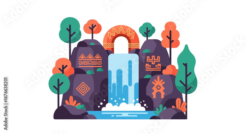 Stylized waterfall with tribal rock carvings and archway, surrounded by trees