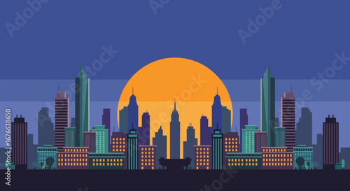 Symmetrical Cityscape Silhouette with a Large Rising Sun and Varied Building Heights
