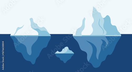 Three icebergs of varying sizes float in a cold, dark blue ocean