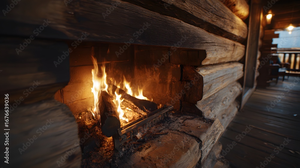 Obraz premium Cozy fireplace with warm flames illuminating a rustic log cabin setting.