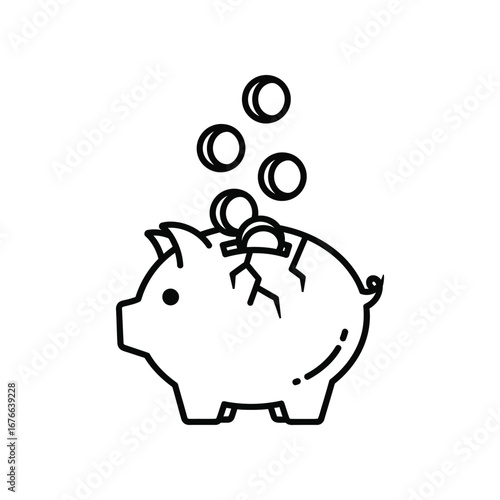 Broken Piggy Bank: A line art illustration depicts a cracked piggy bank with coins falling out, symbolizing financial loss and broken savings