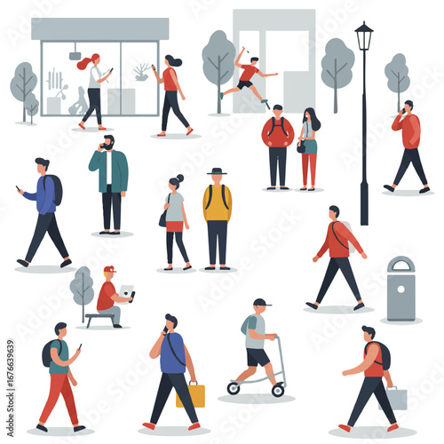 Diverse group of people in a city park, using phones and walking